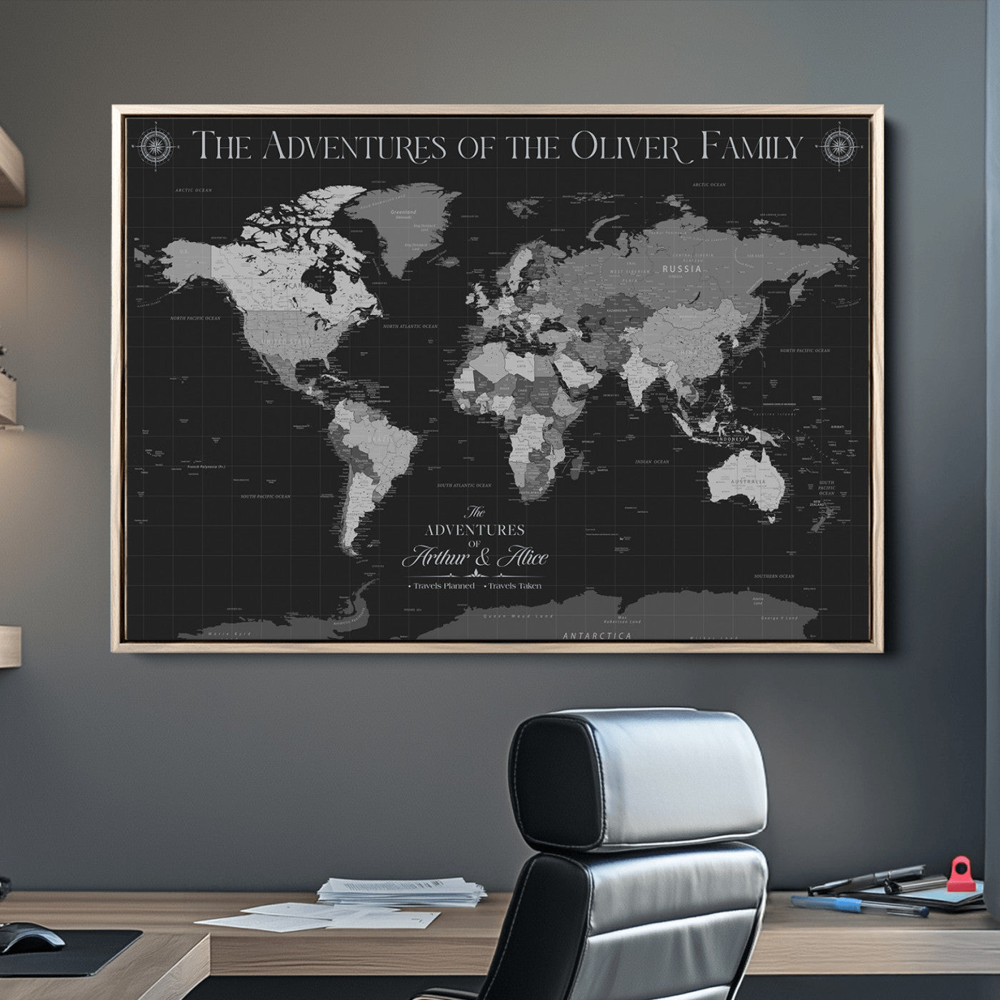 -Personalized Family World Map Canvas – Custom Framed Push Pin Travel Tracker, Modern Adventure Wall Art for Home, Office