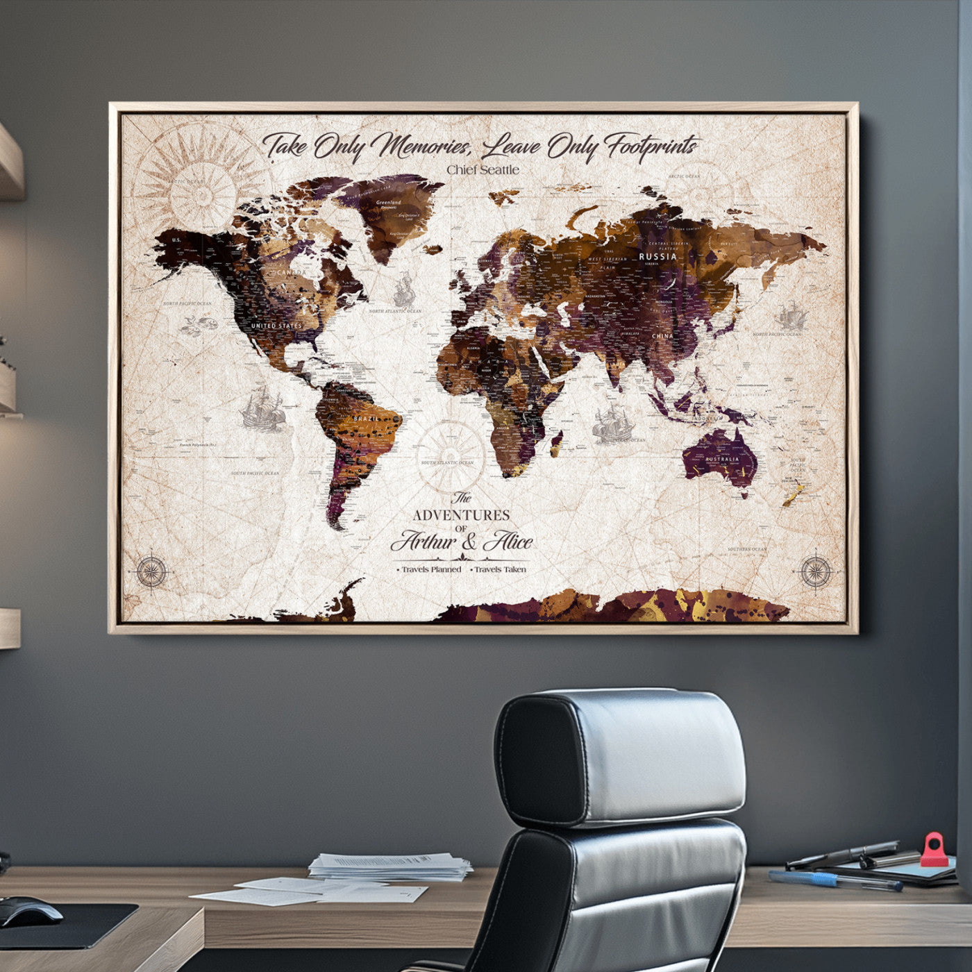 -Personalized World Map Canvas – Custom Framed Push Pin Travel Tracker, Elegant Wall Art Gift for Couples for Home, Office