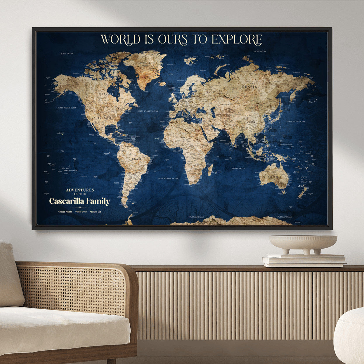 54782997-MGV-FC-36X24 - Personalized Push Pin World Map Canvas Print – Custom Travel Tracker Wall Art, Large World Map Decor for Home, Office