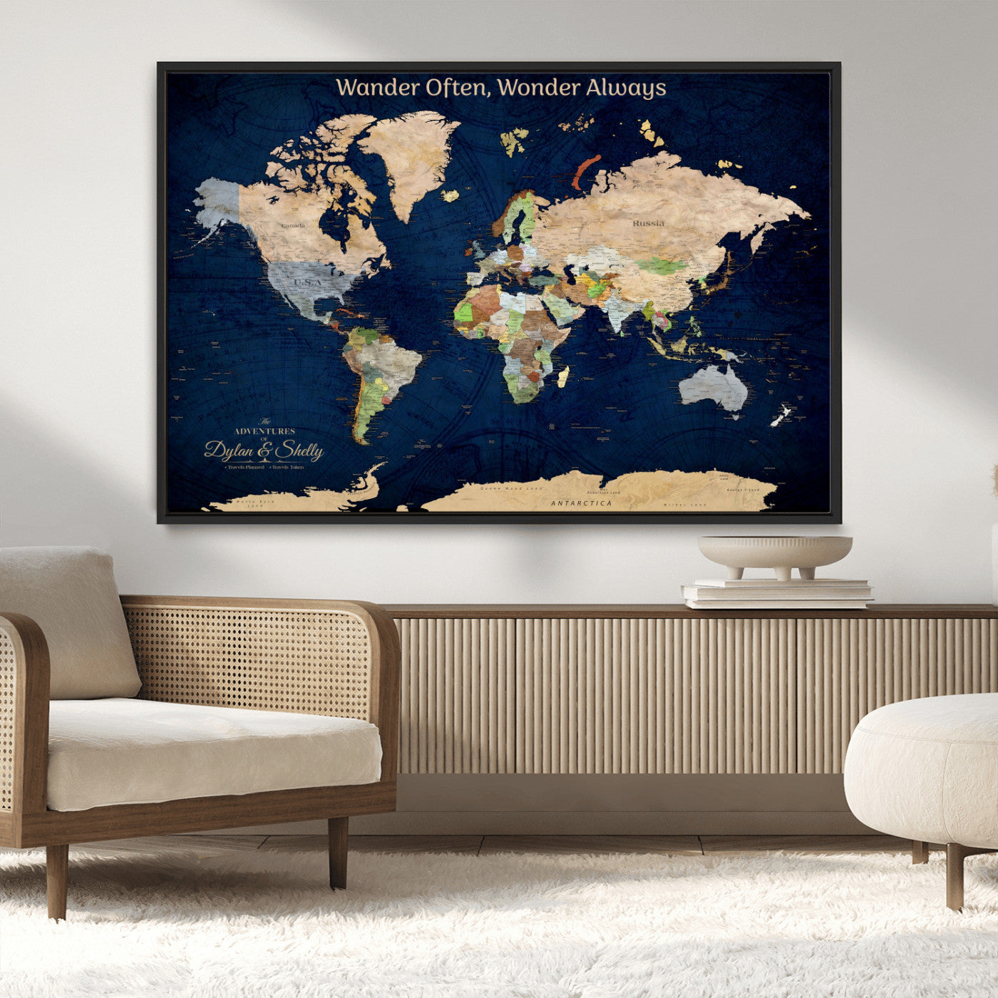 Rehber01-MGV-CV-36X24-Personalized World Map Canvas – Custom Framed Push Pin Travel Map Wall Art, Navy Blue Vintage Gift for Couples and Adventurers