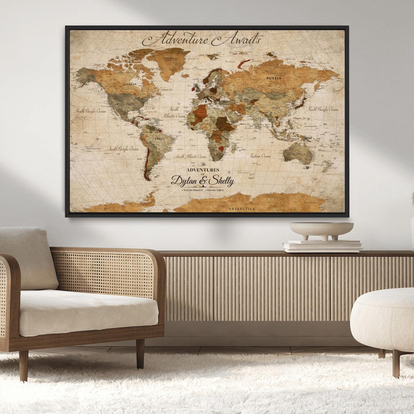 Rehber01-MGV-CV-36X24-Personalized Push Pin World Map Canvas Print – Custom Adventure Travel Map, Framed Wall Art Gift for Couples or Family