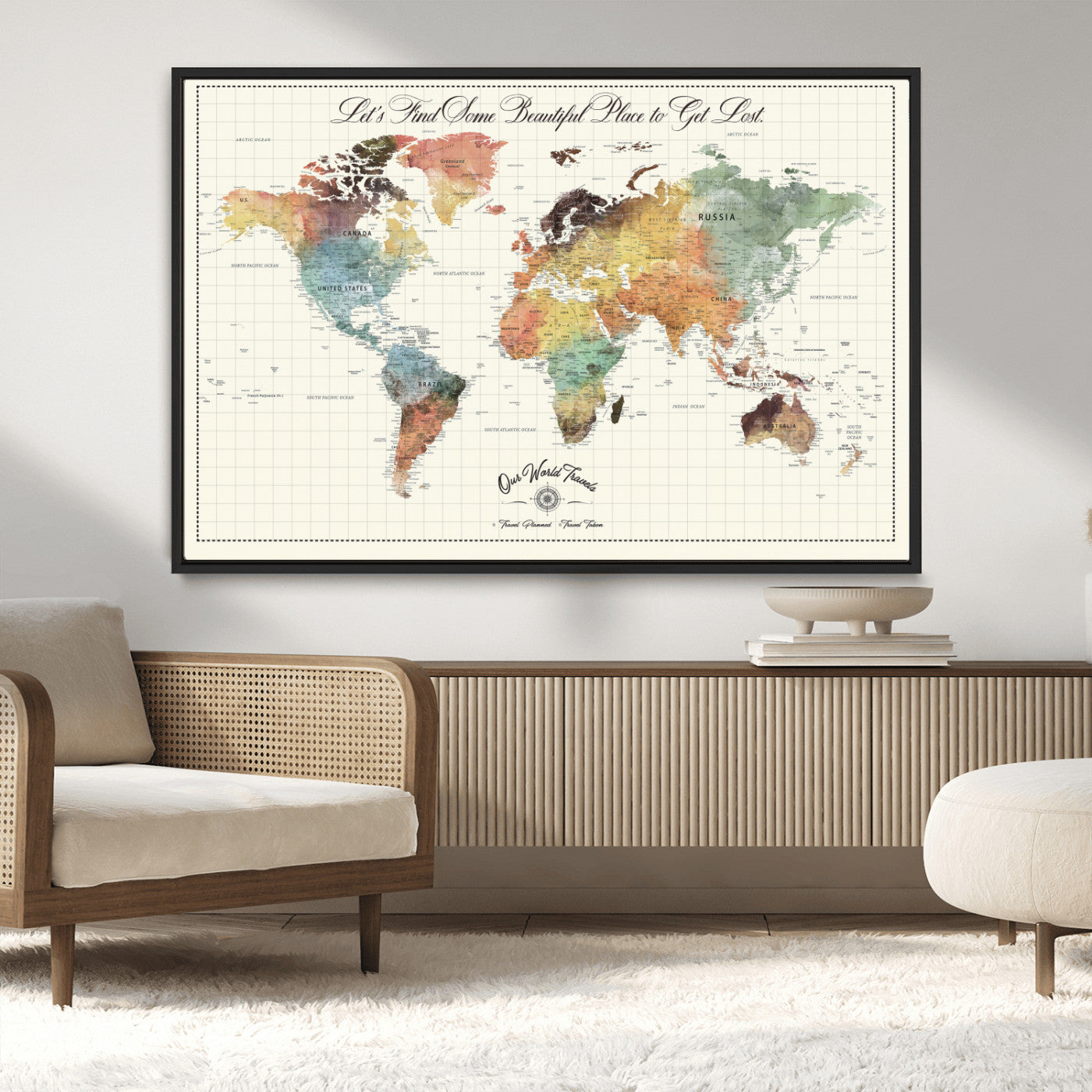 -Personalized Push Pin World Map Canvas Print – Custom Adventure Travel Tracker Map, Framed Wall Art Gift for Couples or Family