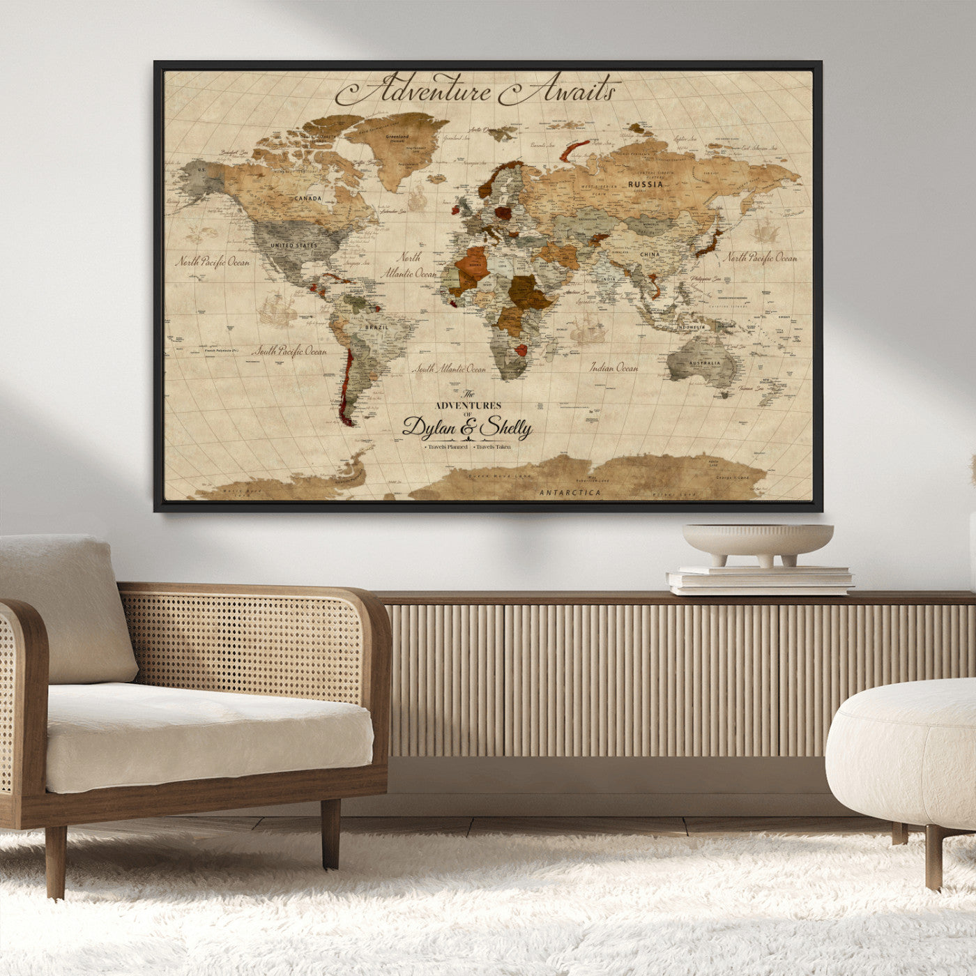Rehber01-MGV-CV-36X24-Personalized World Map Canvas – Custom Framed Push Pin Travel Map Wall Art with Names, Vintage Style Gift for Couples