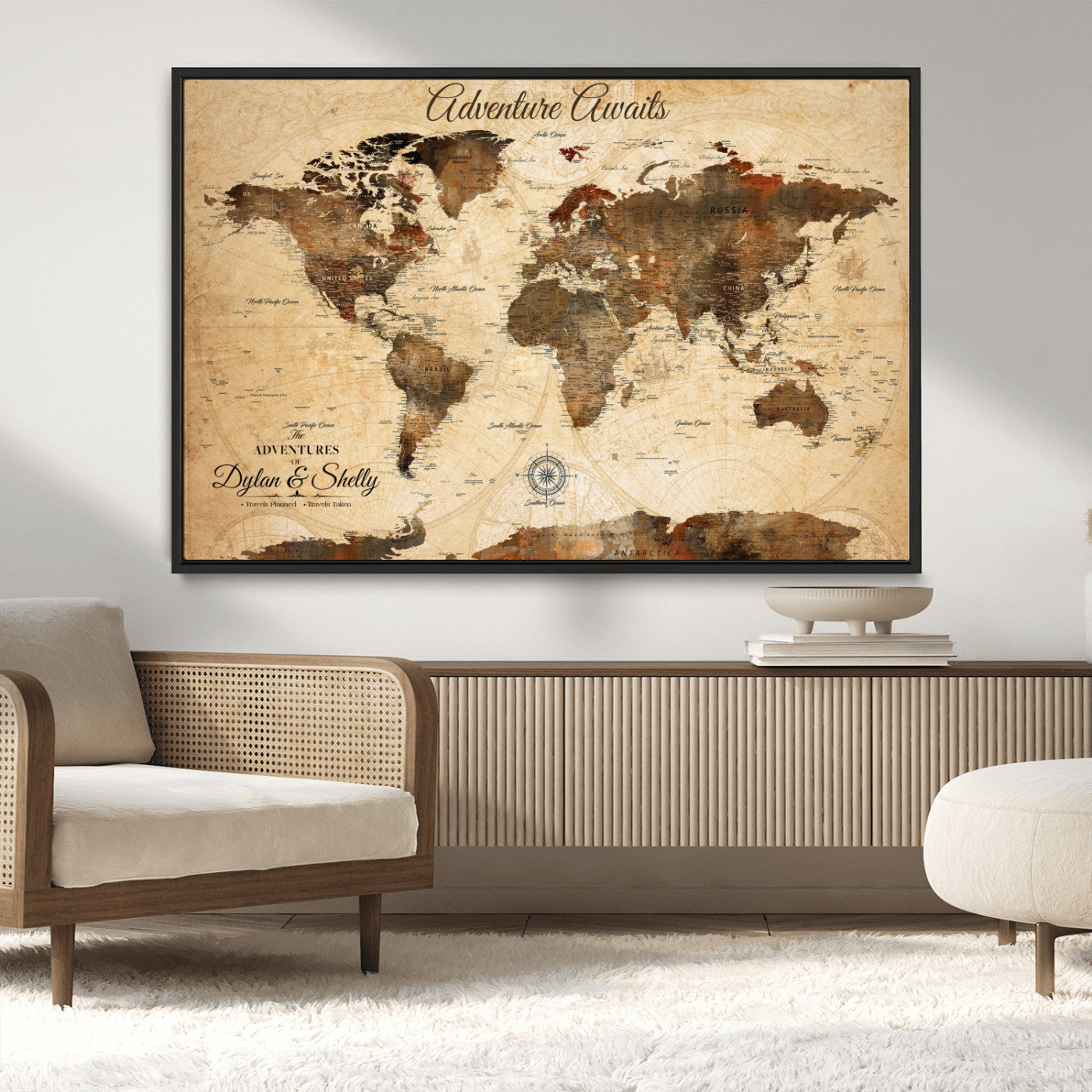 Rehber01-MGV-CV-36X24-Personalized World Map Canvas Wall Art – Custom Framed Push Pin Travel Tracker Print, Unique Gift for Home or Office Decor