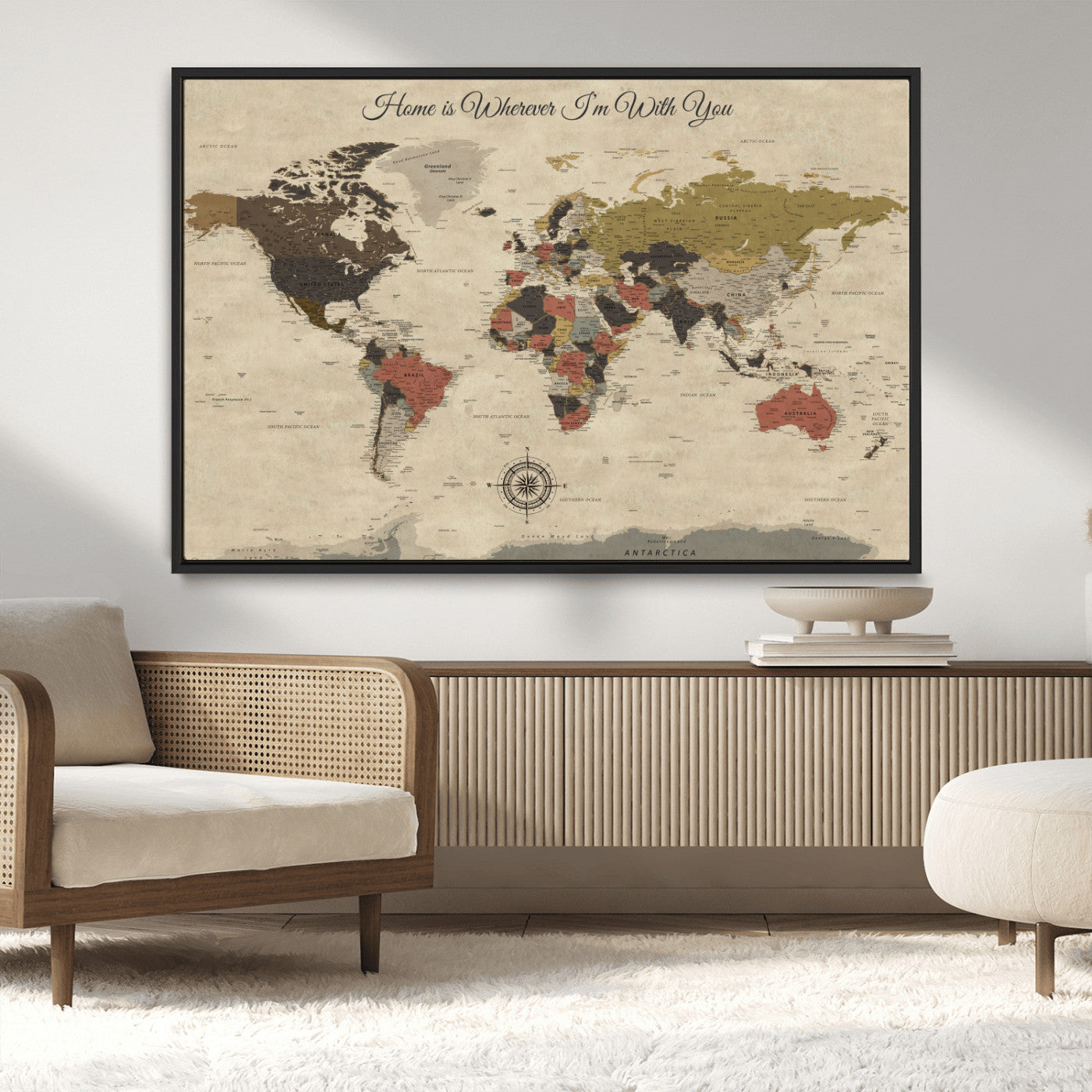 -Personalized World Map Wall Art Canvas Print – Customizable Push Pin Framed Travel Map Artwork for Home Office