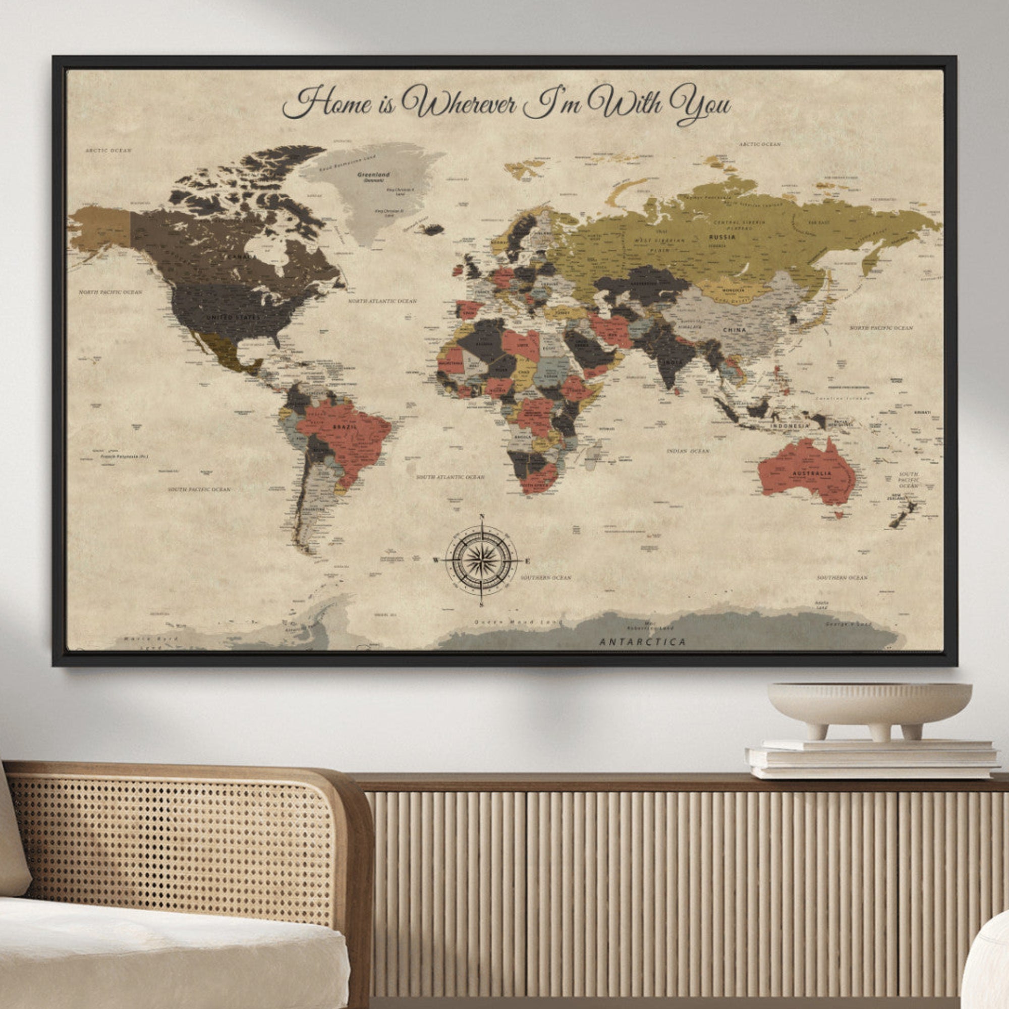 Rehber01-MGV-CV-36X24-Personalized World Map Wall Art Canvas Print – Customizable Push Pin Framed Travel Map Artwork for Home Office