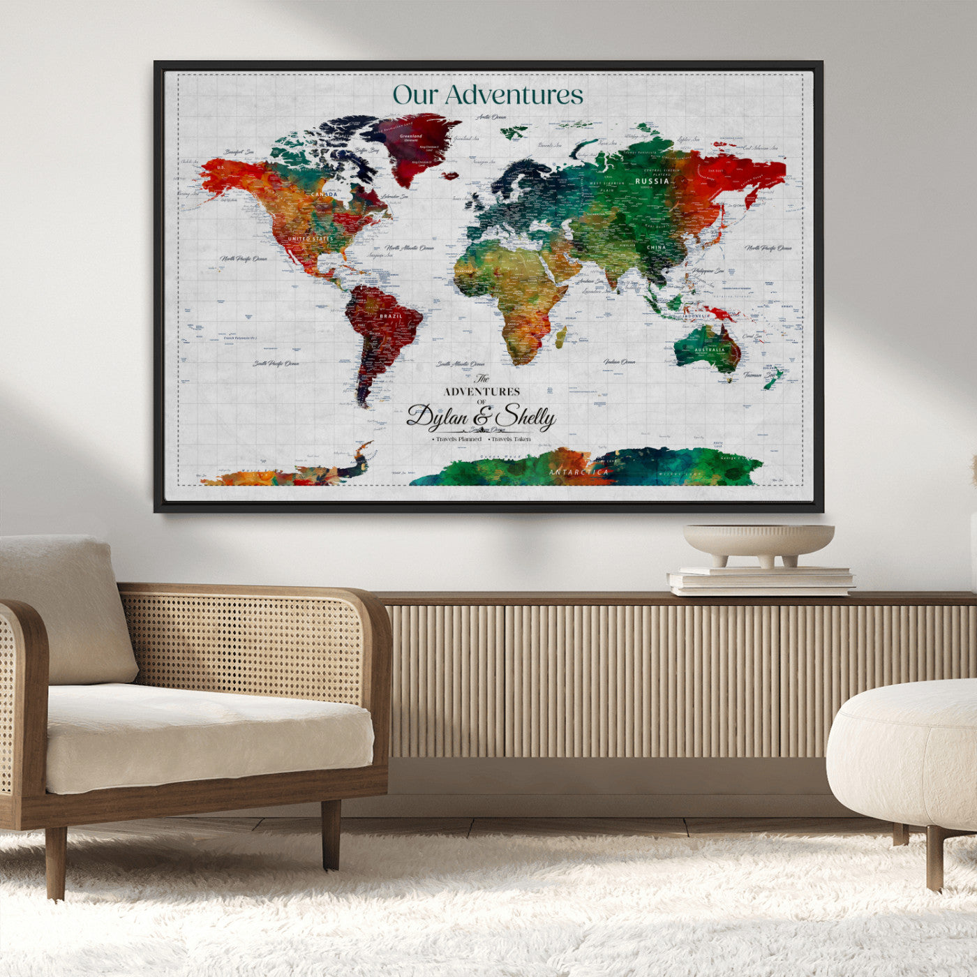 Rehber01-MGV-CV-36X24-Personalized World Map Canvas Wall Art – Custom Framed Push Pin Travel Tracker Print, Unique Gift for Home or Office Decor