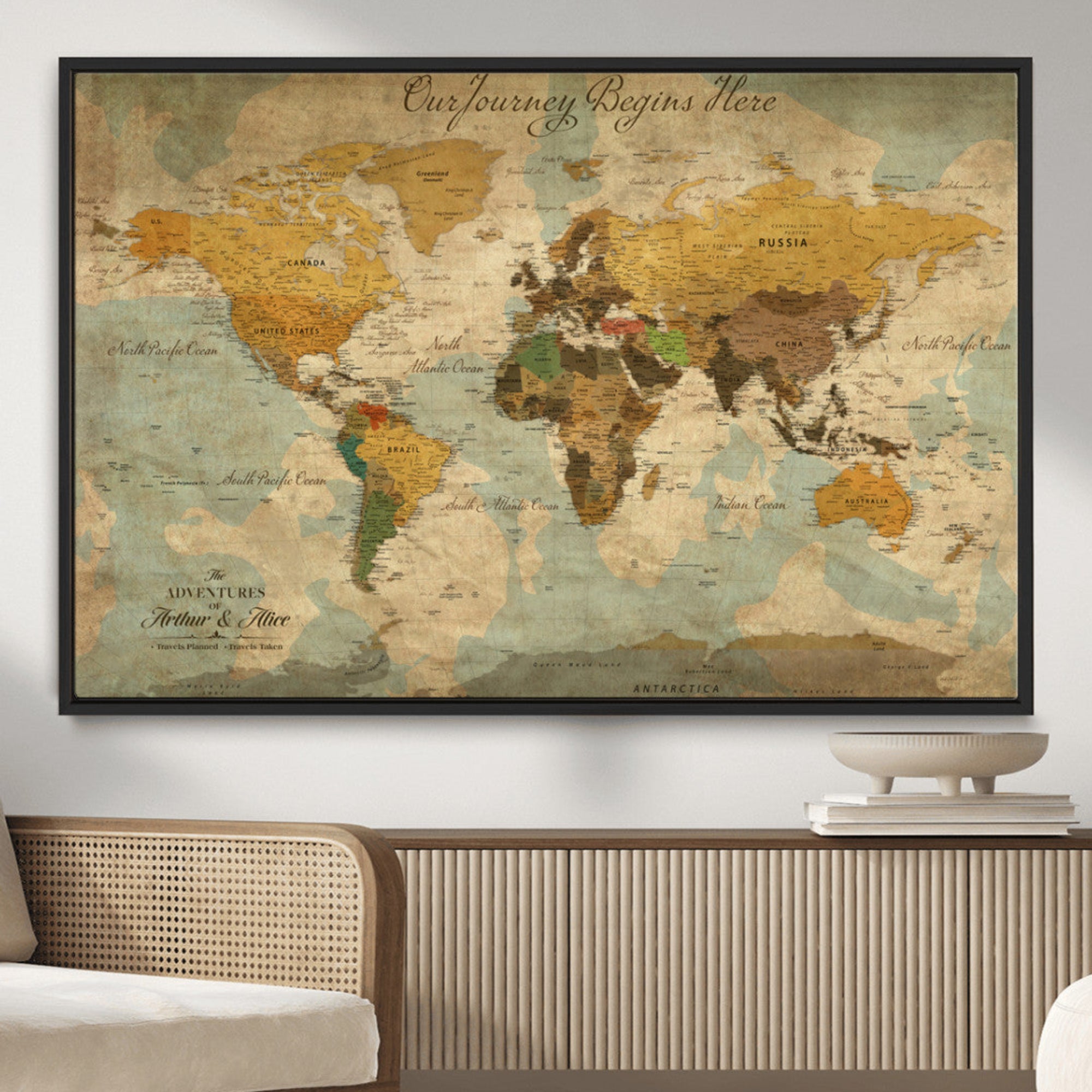 Rehber01-MGV-CV-36X24-Personalized World Map Canvas Wall Art – Custom Framed Push Pin Travel Tracker Print, Unique Gift for Home or Office Decor