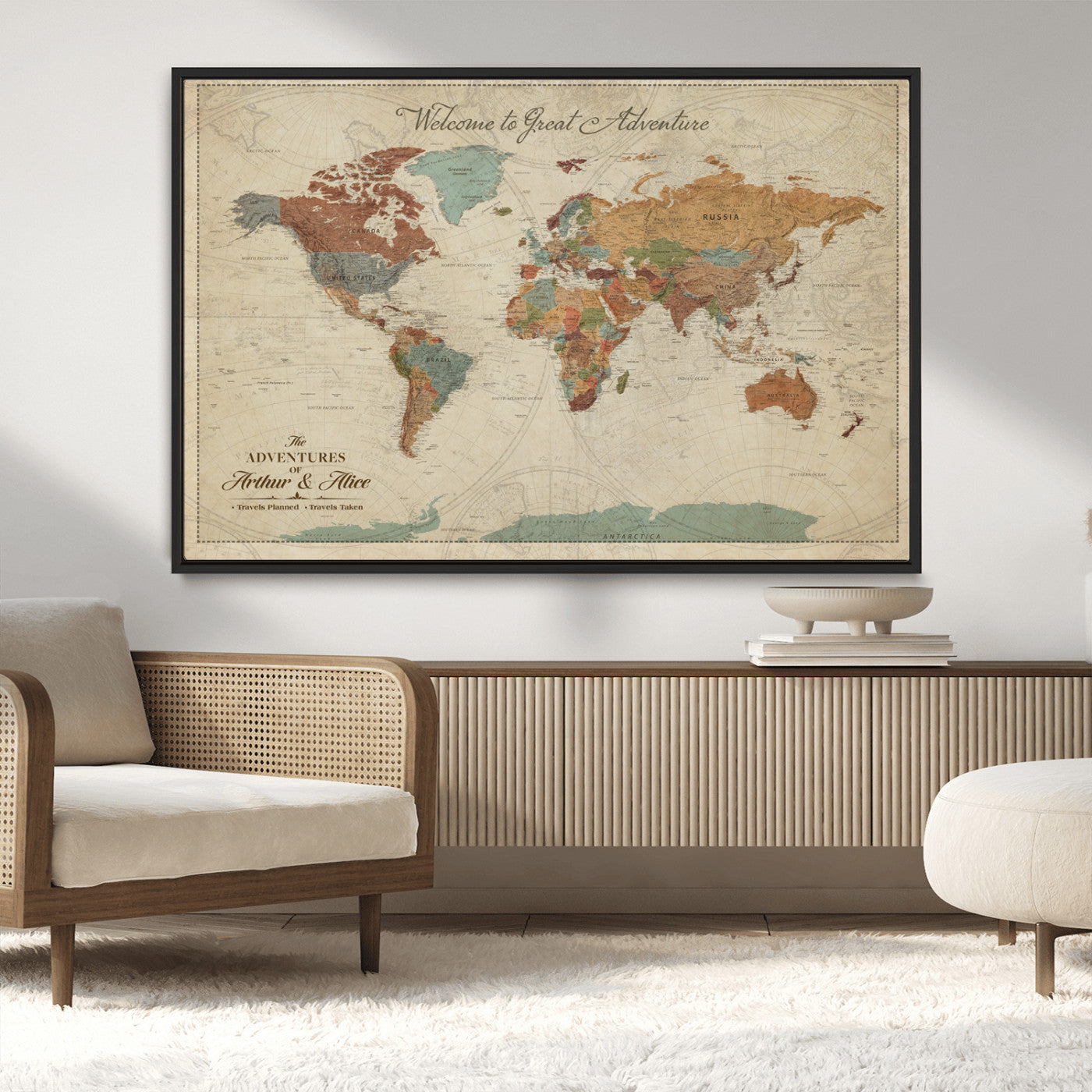 -Personalized World Map Canvas Wall Art – Custom Framed Push Pin Travel Tracker Print, Unique Gift for Home or Office Decor