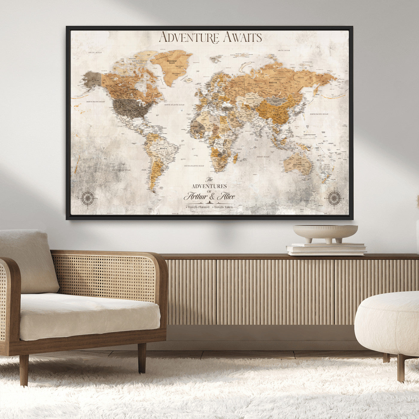 Rehber01-MGV-CV-36X24-Personalized World Map Canvas Print – Custom Push Pin Travel Map Vintage Neutral Style Gift for Couples Travelers for Home Office