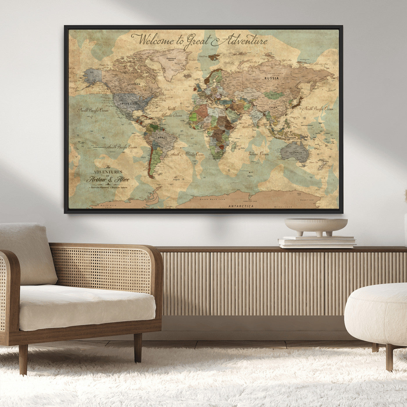 Rehber01-MGV-CV-36X24-Personalized World Map Canvas Wall Art – Custom Framed Push Pin Travel Tracker Print, Unique Gift for Home or Office Decor