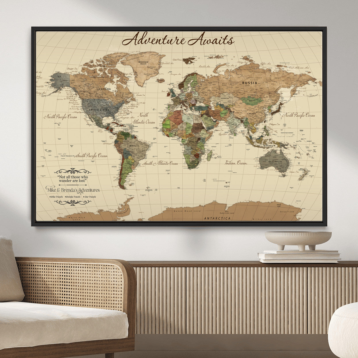 31875069-MGV-FC-36X24 - Customizable Push Pin World Map Wall Canvas Print – Personalize Travel Tracker with Pins – Framed Custom Quotie Canvas for Home Office Decor