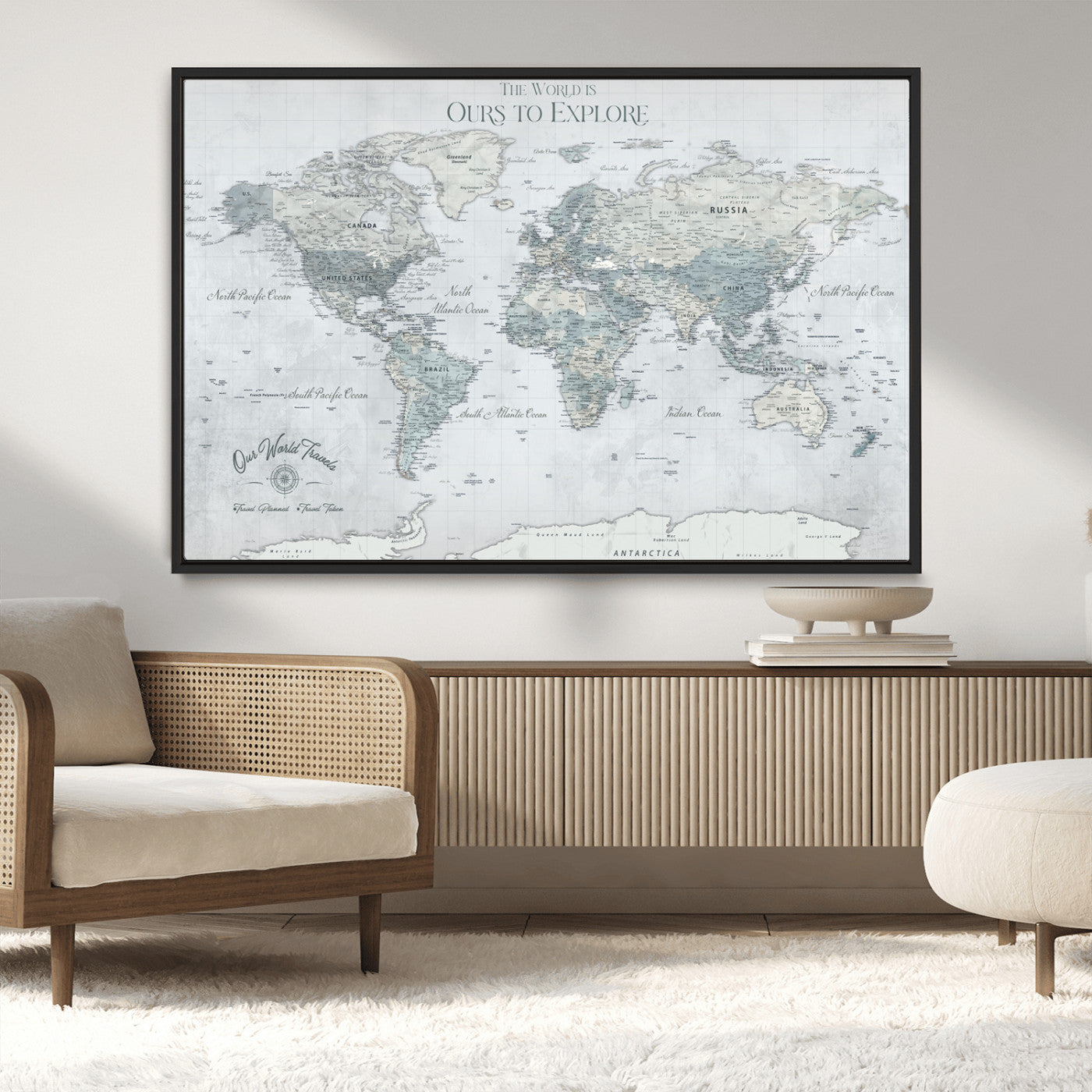 Rehber01-MGV-CV-36X24-Personalized Push Pin World Map Canvas Print – Custom Framed Travel Tracker Wall Art Large Map Artwork for Home, Office