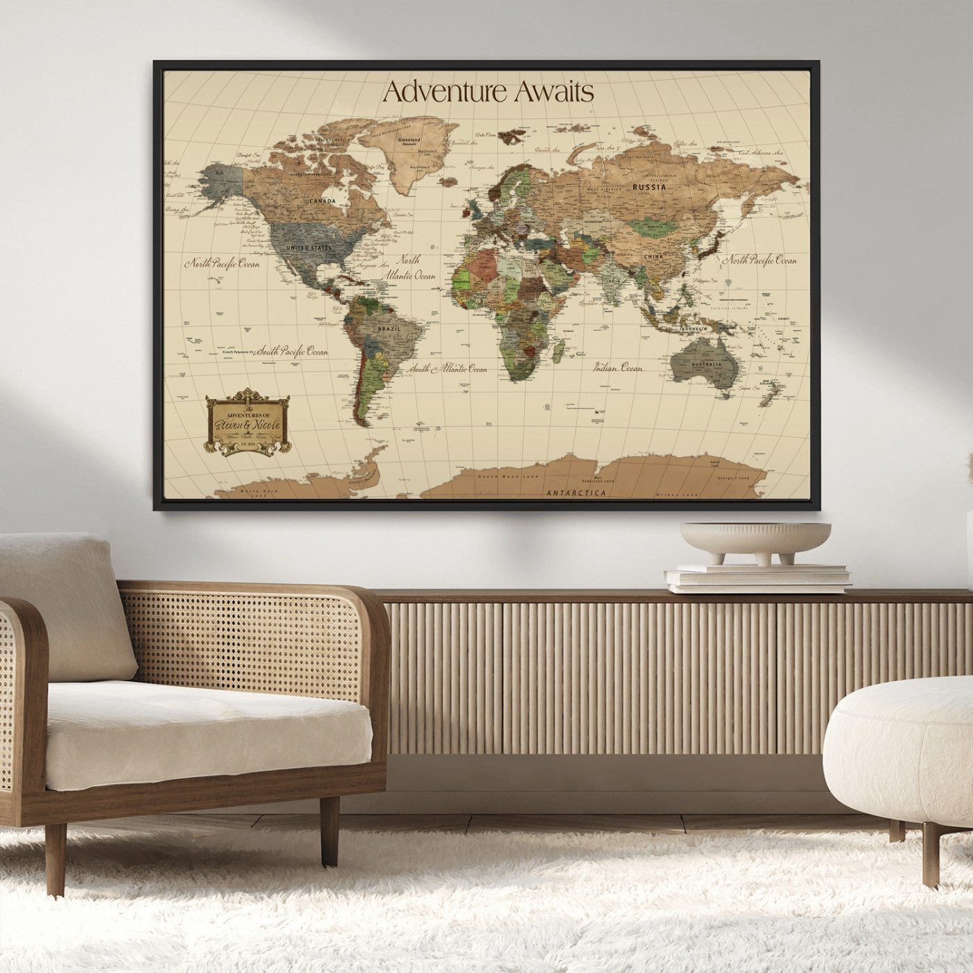 Rehber01-MGV-CV-36X24-Custom Push Pin World Map Wall Art Canvas Print – Personalized Travel Tracker Adventure Destination Gift for Home Office