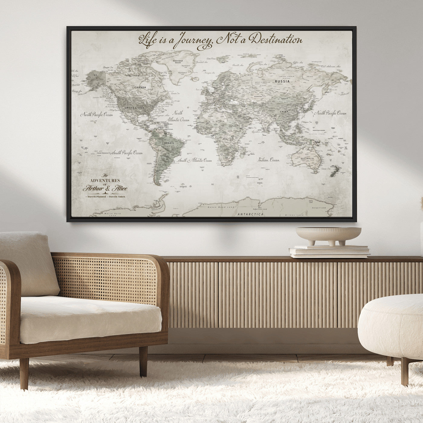 11398637-MGV-CV-36X24-Personalized Vintage World Map Canvas Print – Framed Push Pin Travel Tracker Neutral Elegant Artwork for Home, Office