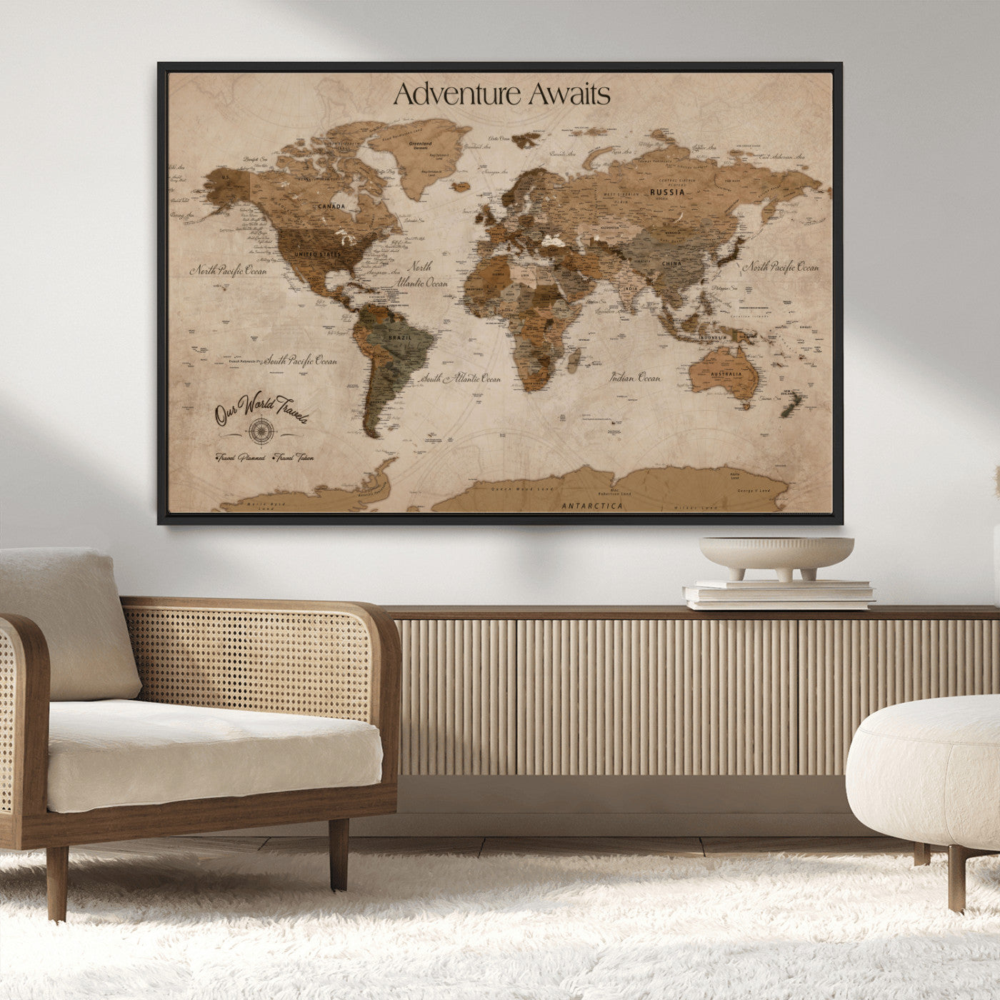 Rehber01-MGV-CV-36X24-Personalized Framed World Map Wall Art Canvas – Custom Push Pin Travel Map with 100 Pins Foam Backing for Home Office