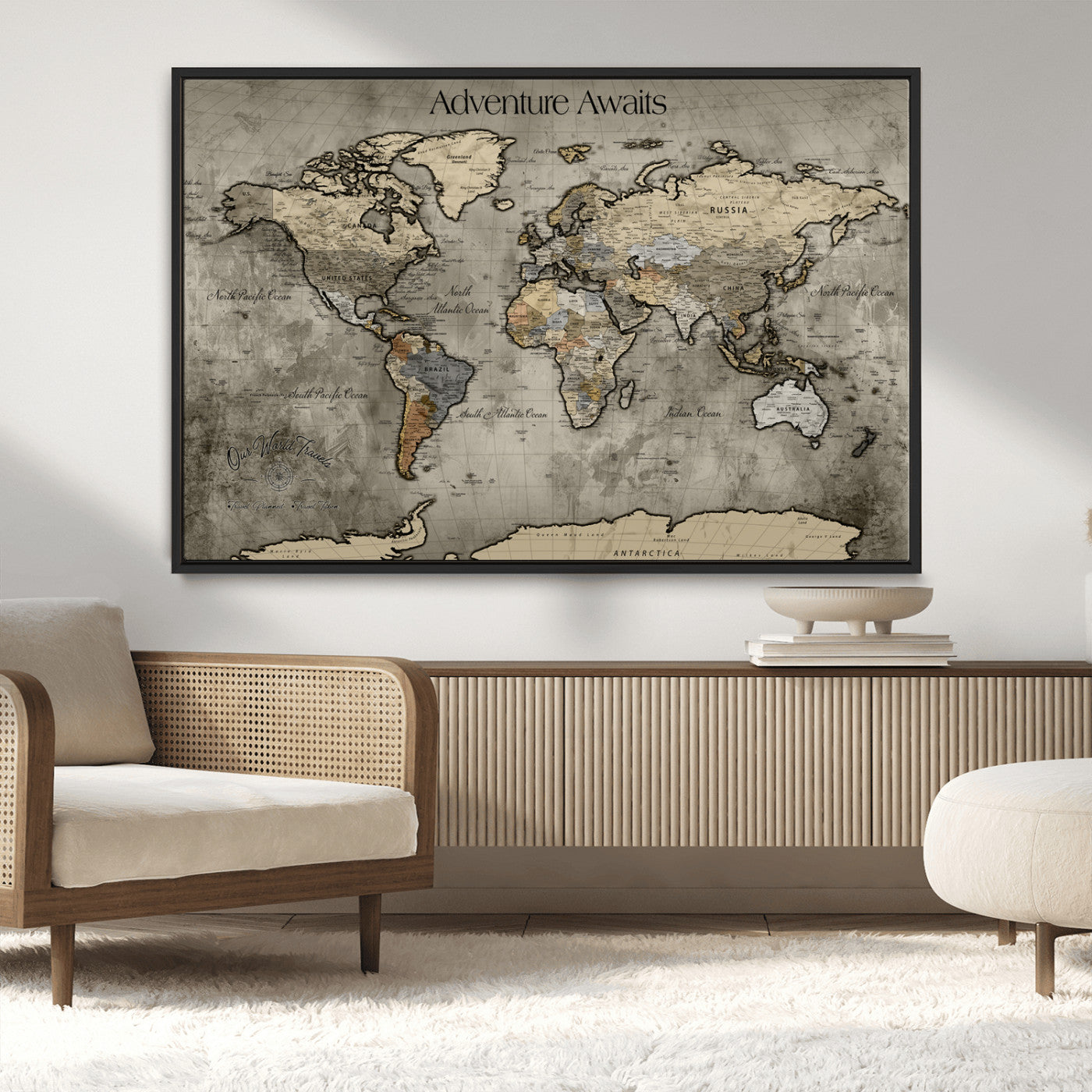 -Tree Rings Wall Art Canvas Print, Framed Wood Texture Art Picture Print, Blue Grain Perfect Rustic