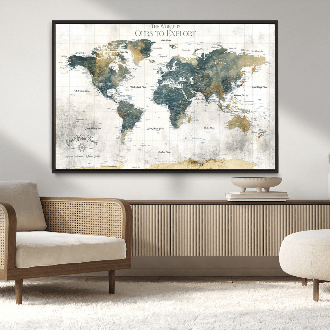 -Custom Push Pin World Map Wall Art Canvas Print – Adventure Travel Tracker Map with Pins Artwork for Home Office