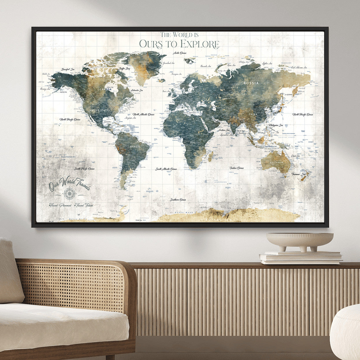 14988581-MGV-FC-36X24 - Custom Push Pin World Map Wall Canvas Print – Personalized Travel Tracker with Pins – Framed Custom Quotie Canvas for Home Office Decor
