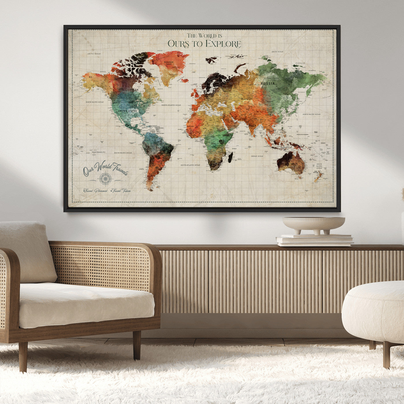 Rehber01-MGV-CV-36X24-Custom Push Pin World Map Wall Art Canvas Print – Personalized Travel Tracker Map Framed Artwork for Home Office