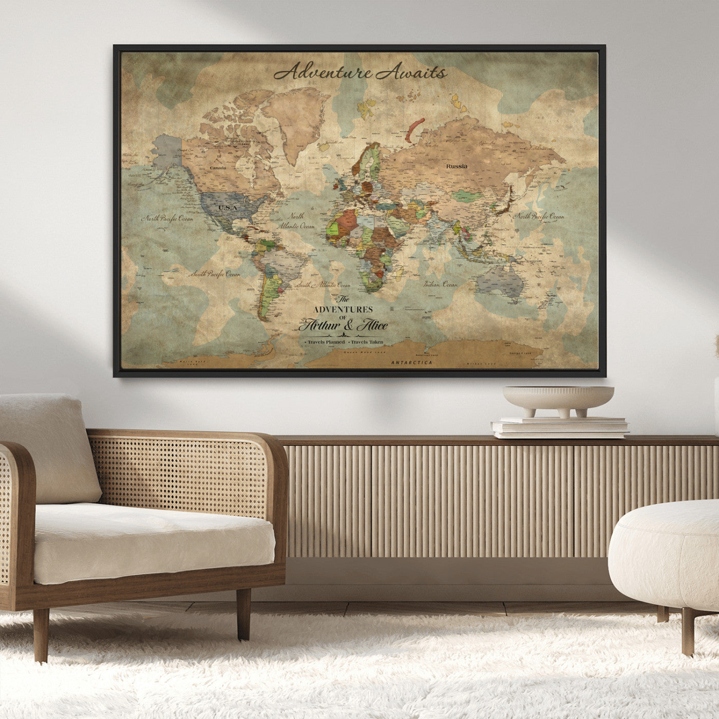 Rehber01-MGV-CV-36X24-Personalized Vintage World Map Canvas Print – Custom Push Pin Travel Map Antique Style Gift for Couples Travelers for Home Office