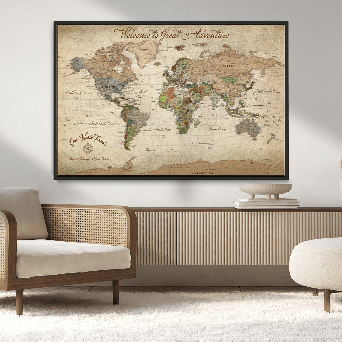 -Personalized Antique World Map Canvas Print – Custom Push Pin Travel Tracker Vintage Adventure Gift for Couples for Home, Office