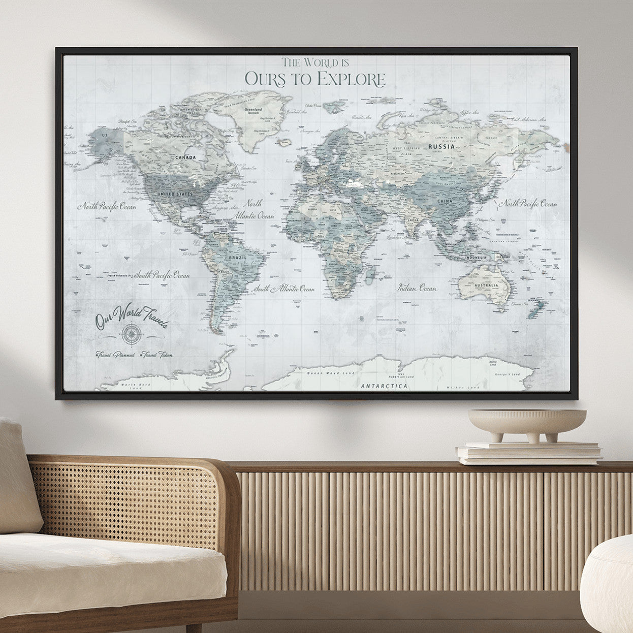 73654056-MGV-FC-36X24 - Personalized Push Pin World Map Canvas Print – Custom Framed Travel Tracker Artwork for Couples or Home Decor