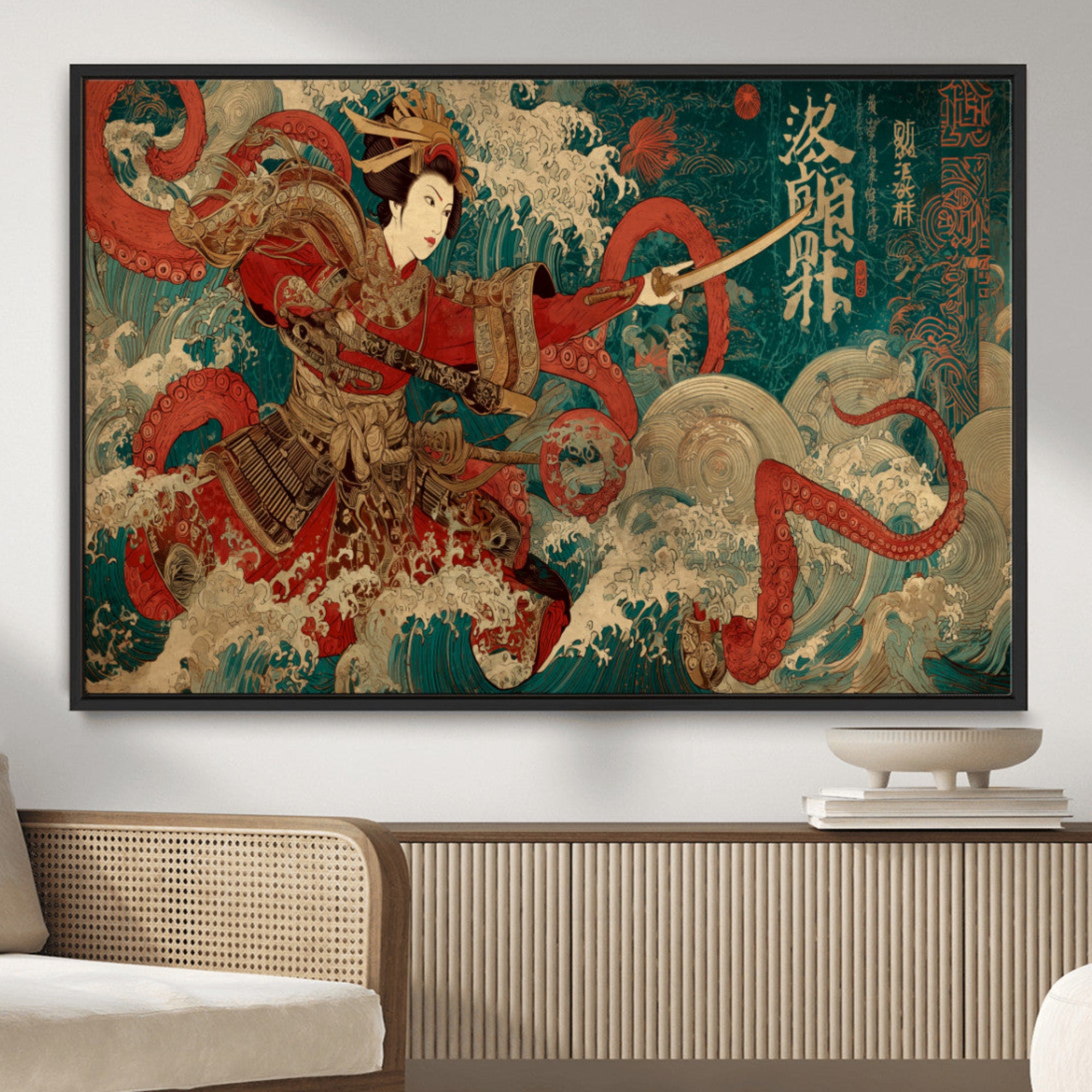 MGV-FC-36X24 - Tsukioka Yoshitoshi Samurai Wall Art Print, Japanese Katana Warrior Canvas Wall Art, Octopus Sea Monster Canvas Print,