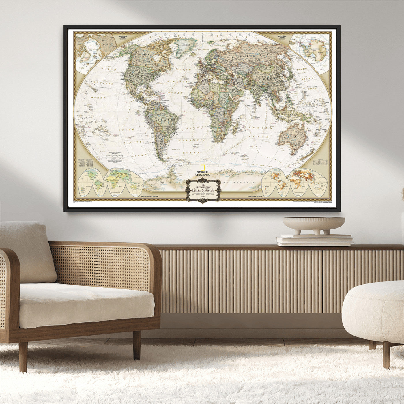 -World Map Wall Art Canvas – National Geographic Style Framed Map Print, Elegant Educational Wall Decor for Home, Office