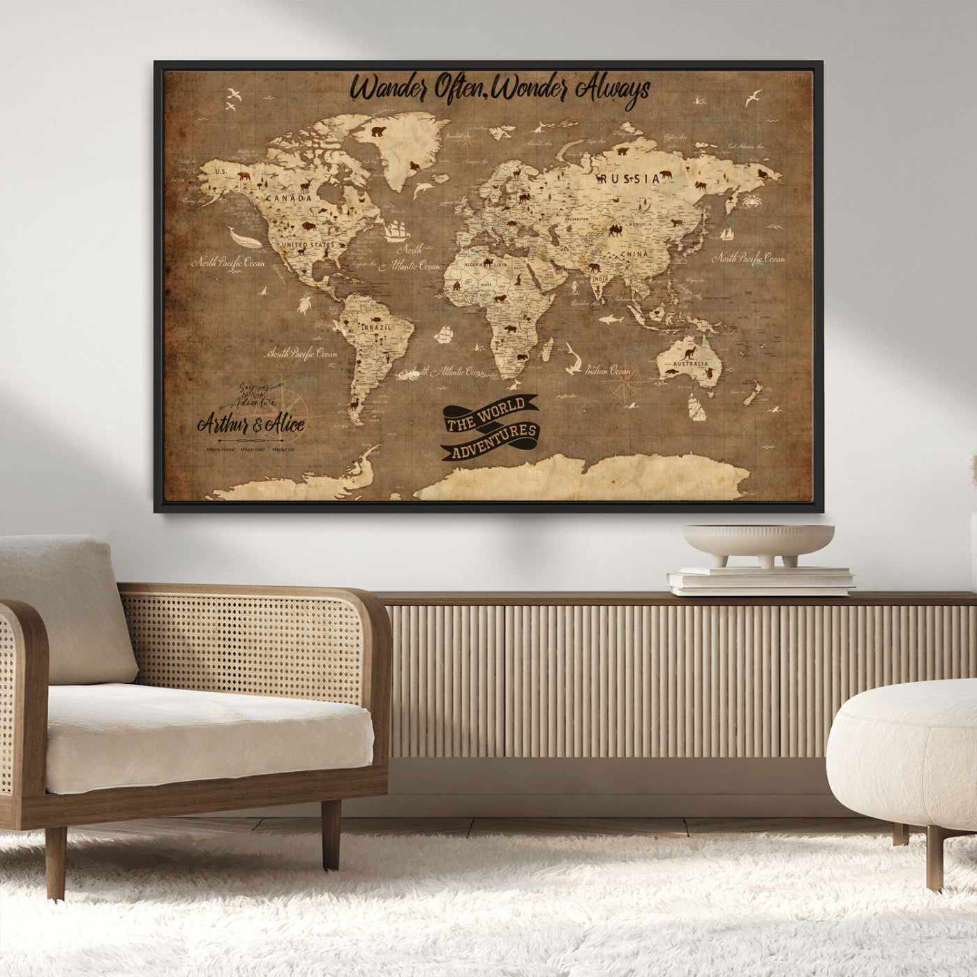 Rehber01-MGV-CV-36X24-Customize Push Pin World Map Wall Art Canvas Print – Personalized Kids Room Framed Map Adventure Travel for home, office