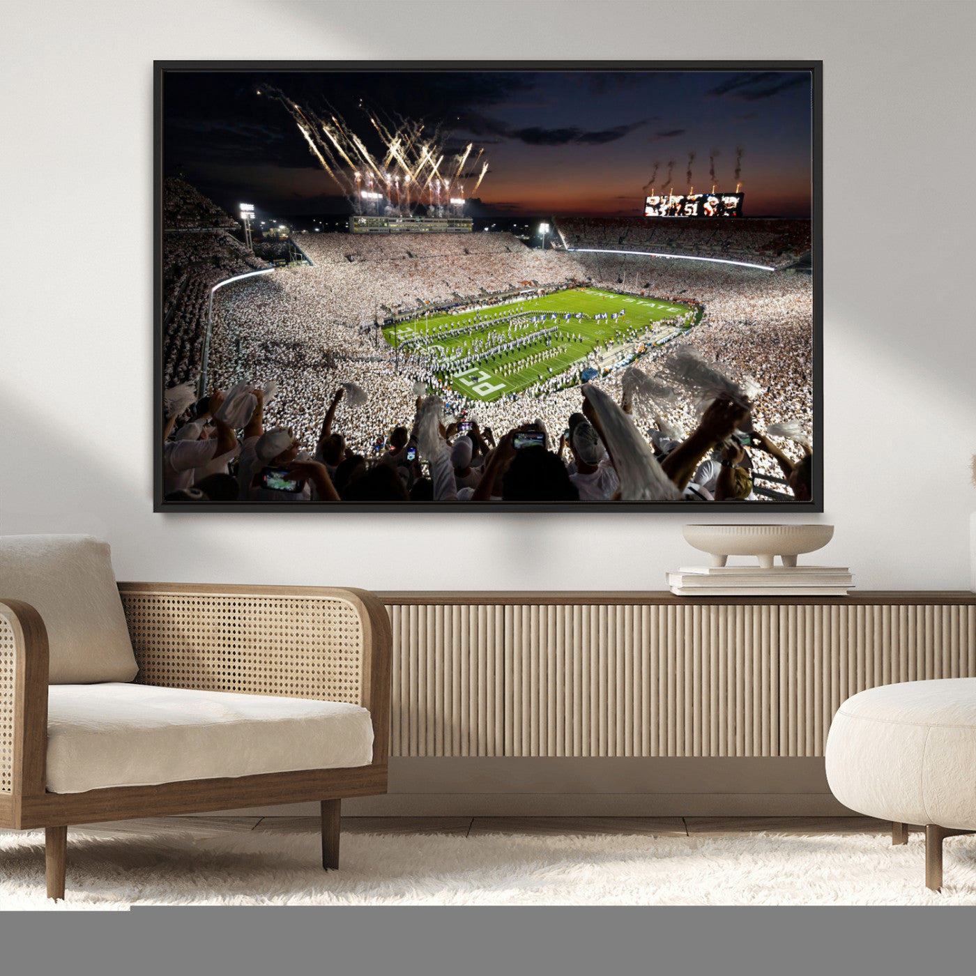 -Penn State Stadium Wall Art Canvas Print – White Out Football Game with Fireworks Framed Sports Stadium Artwork for Game Room