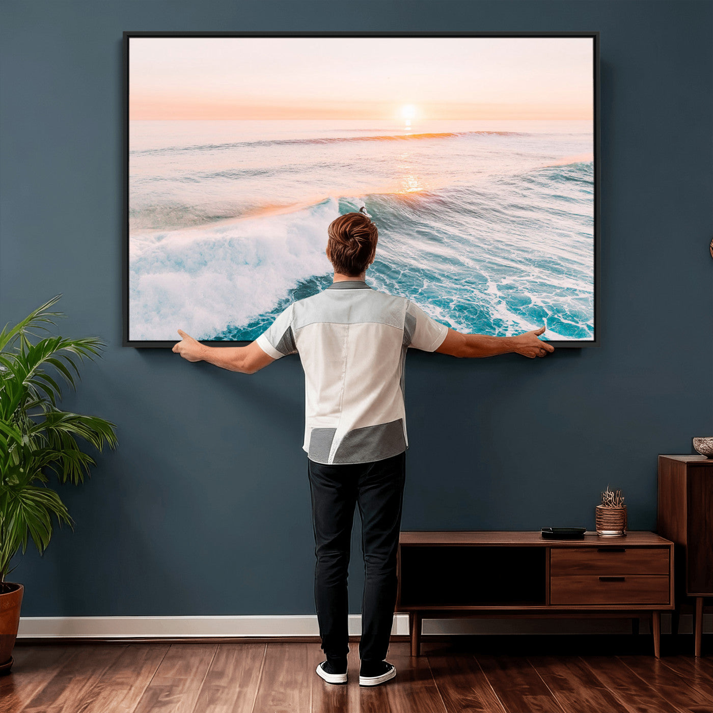 34064591-MGV-CV-36X24 - Sunset Surfing Wall Art Canvas Print, Ocean Wave Surfer with Golden Sky Artwork for Home, Office, Living Room