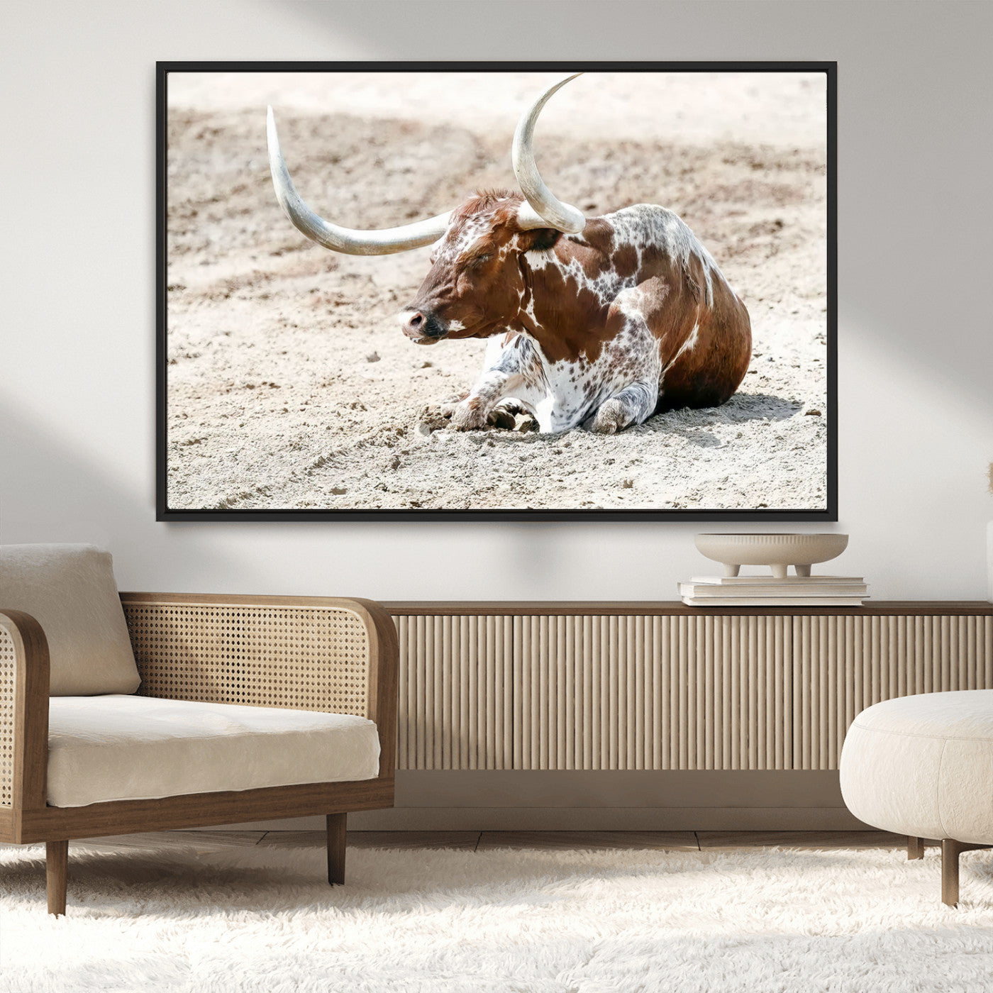 -Majestic Longhorn Wall Art Canvas Print – Resting on Sunlit Desert Ground Striking Western-Themed Artwork for Home, Office