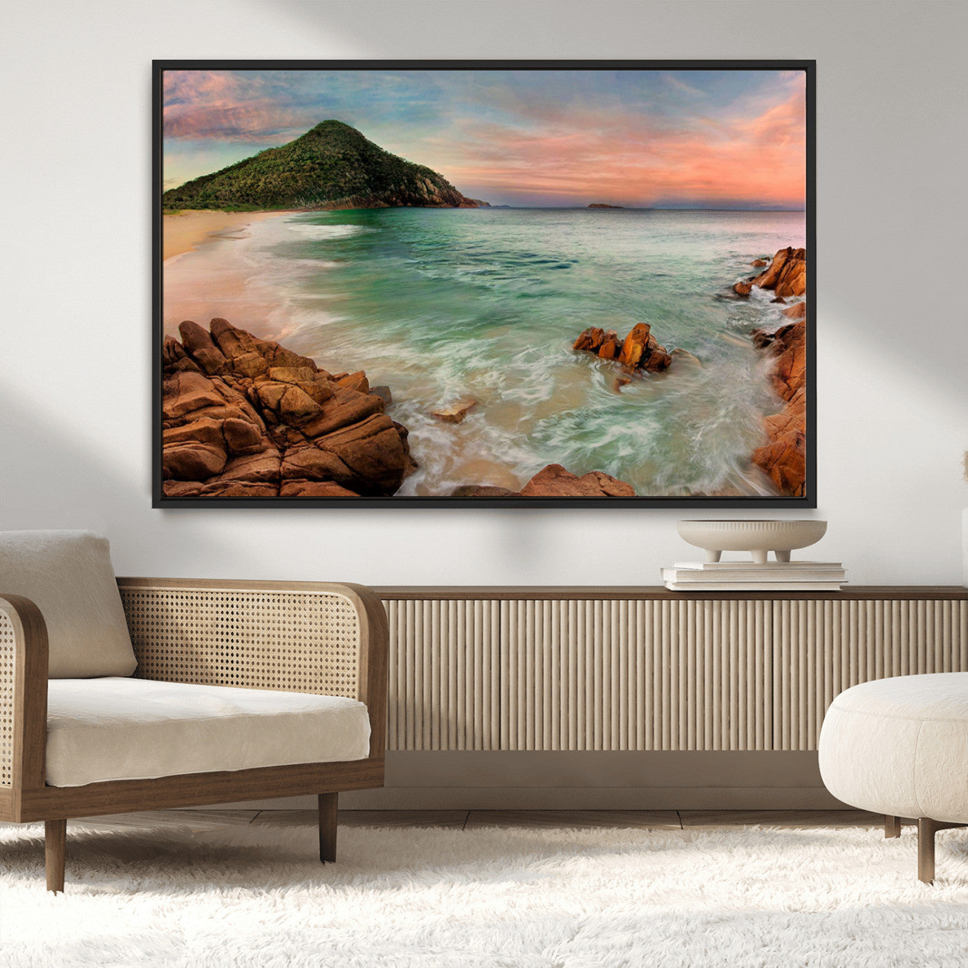 -Coastal Landscape Wall Art Canvas Print – Rocky Shore and Green Hills at Sunset Beautiful Ocean View Artwork for Home, Office