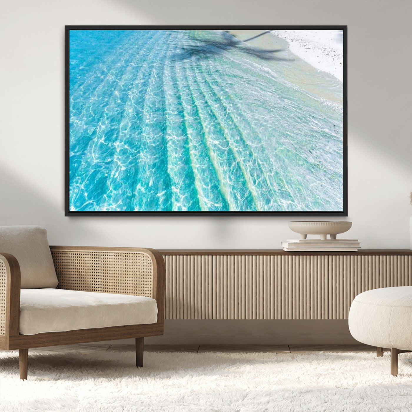 -Crystal Clear Ocean Wall Art Canvas Print – Sunlight Reflections and Palm Tree Shadow on Sandy Beach Artwork for Home, Office