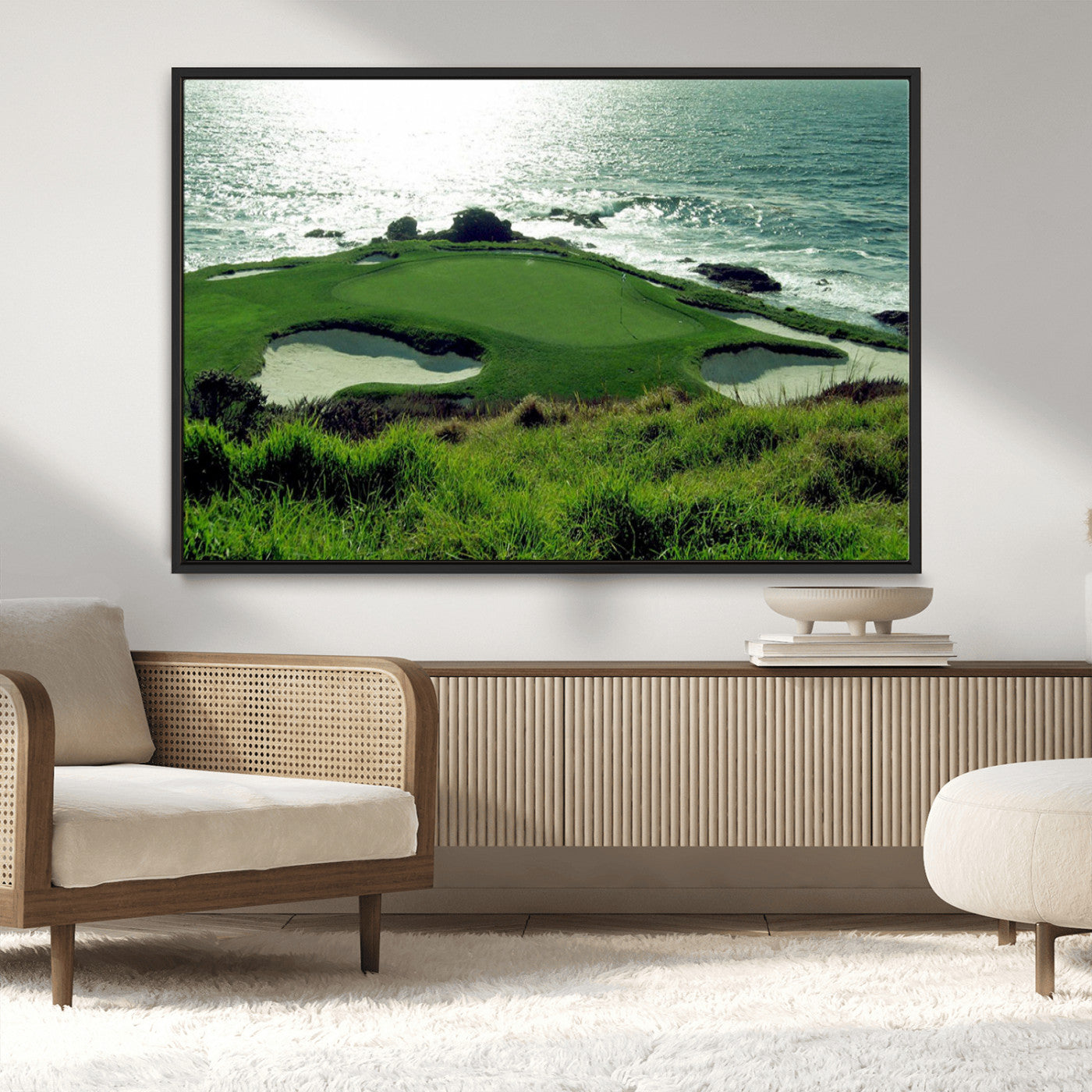 -Coastal Golf Course Wall Art Canvas Print – Scenic Green Surrounded by Sand Bunkers and Ocean Waves Artwork for Home, Office