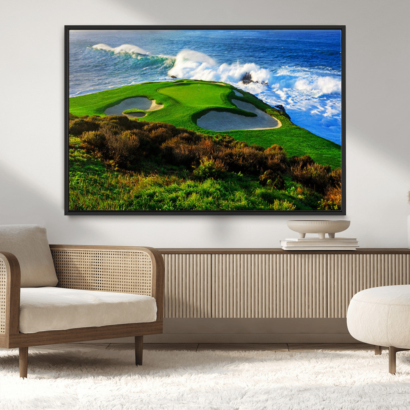 34181847-MGV-CV-36X24-Coastal Golf Course Wall Art Canvas Print – Vibrant Green with Sand Bunkers Overlooking Ocean Waves Artwork for Home, Office