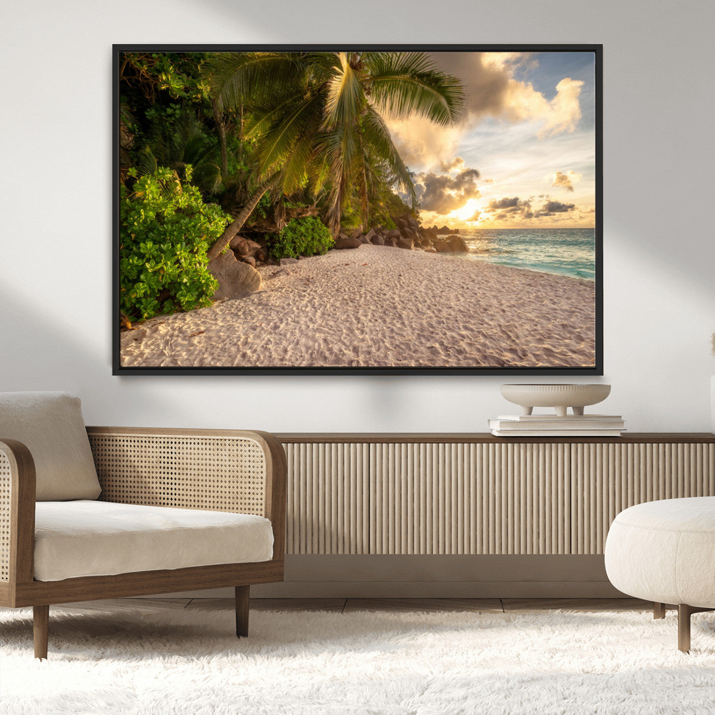 MGV-FC-36X24 - Tropical beach sunset, palm trees, white sand, ocean waves, golden sky, serene landscape, nature