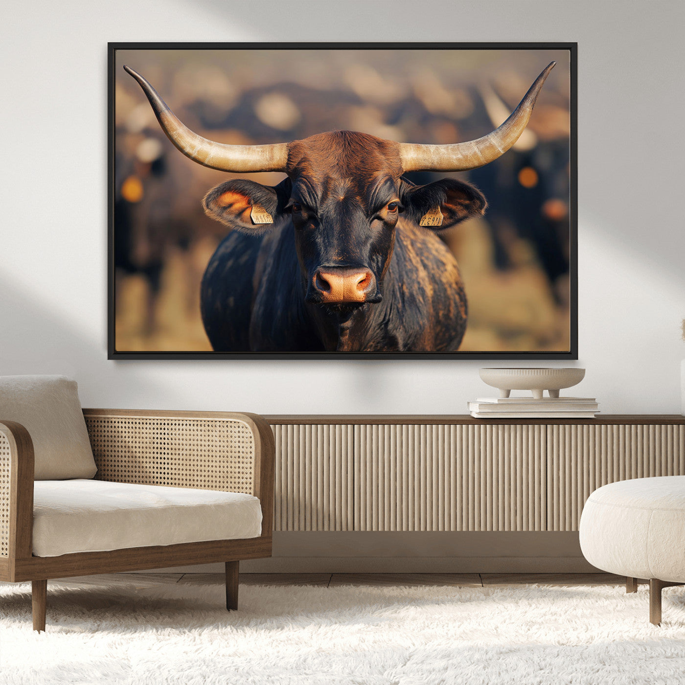 -Majestic bull head close-up, long curved horns, detailed fur texture, warm sunlight, focused gaze,