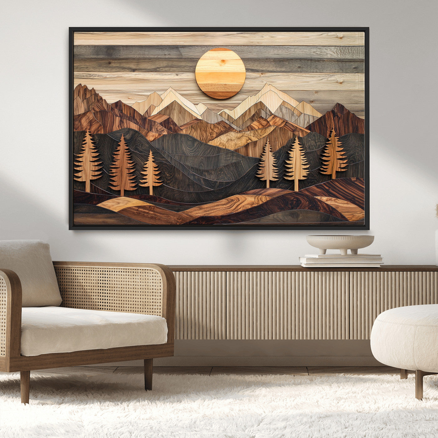 MGV-FC-36X24 - Wooden Mountain Layers Canvas Wall Art – Rustic Pine Tree Landscape with Sunlight Artistic Nature