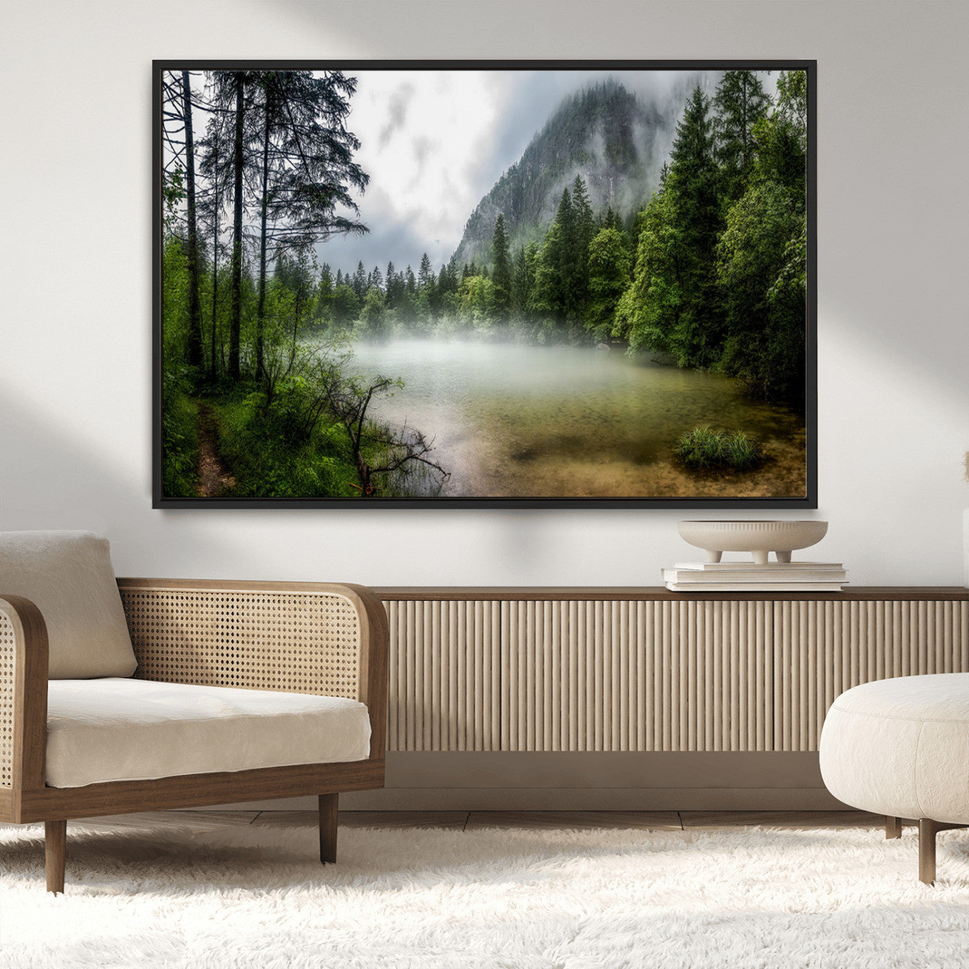 -Misty Lake Forest Green Trees Calm Water Reflection Mountain Fog Nature Landscape Outdoor Scenic