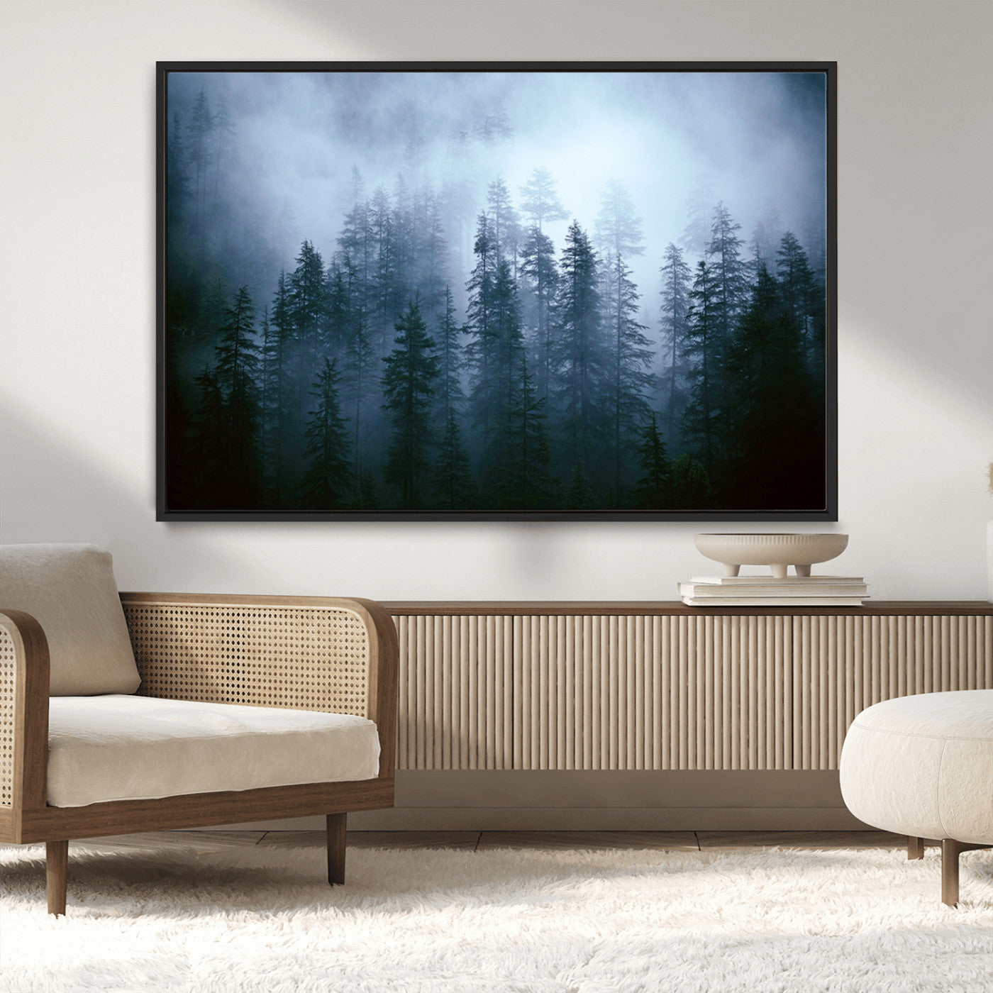 93439624-MGV-CV-36X24-Foggy Evergreen Pines Mist Forest Blue Haze Moody Atmospheric Wilderness Nature Trees Scenic