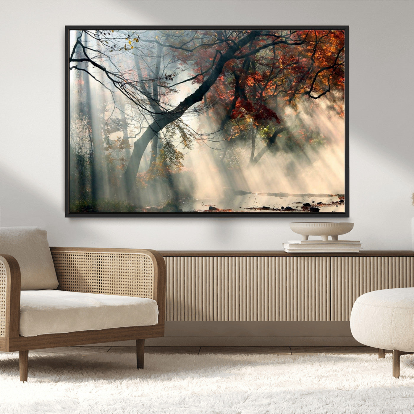 36043878-MGV-CV-36X24-Sunlit Autumn Forest Wall Art Canvas Print – Framed Mist Trees Scene with Peaceful Rays Artwork for Home, Office