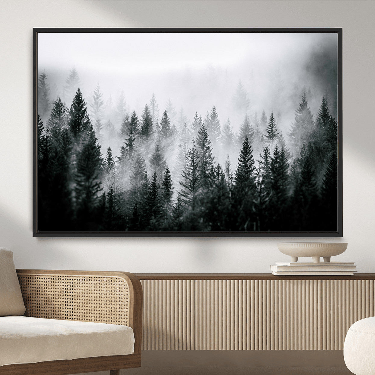MGV-FC-36X24 - Foggy Pine Forest Canvas Wall Art – Black and White Nature Landscape Print, Horizontal Canvas for