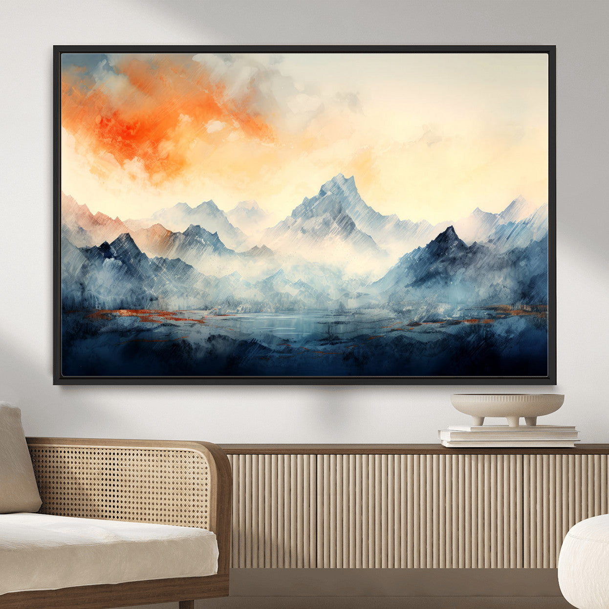 WRM1005-MGV-FC-36X24 - Warm Clouds Abstract Mountain Wall Art, Modern Landscape Canvas Print, Minimal Framed Artwork for Home, Office