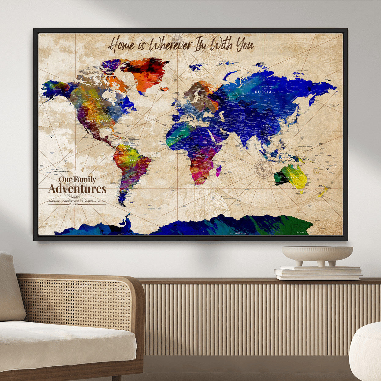 42795268-MGV-FC-36X24 - Personalized Push Pin World Map Canvas Print – Custom Adventure Travel Map, Framed Wall Art Gift for Couples or Family
