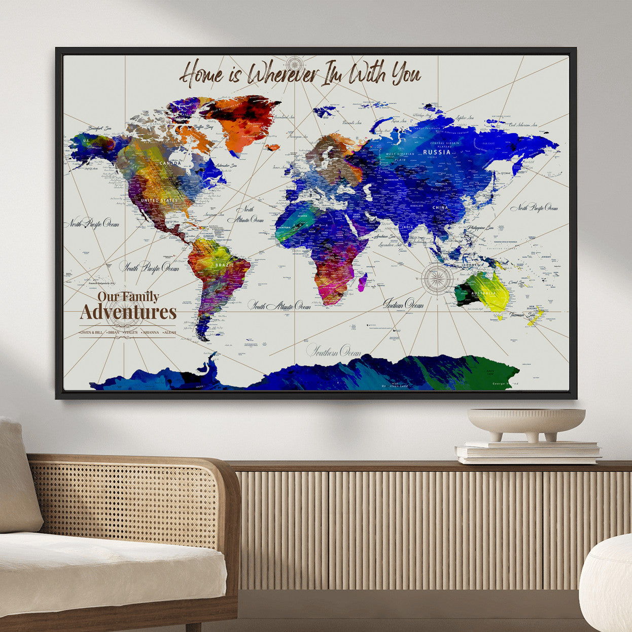 74686301-MGV-FC-36X24 - Customized Push Pin World Map Wall Art Canvas Print with Pins, Personalized Travel Tracker Map, Framed World Map for Living Room, Office and Home Decor