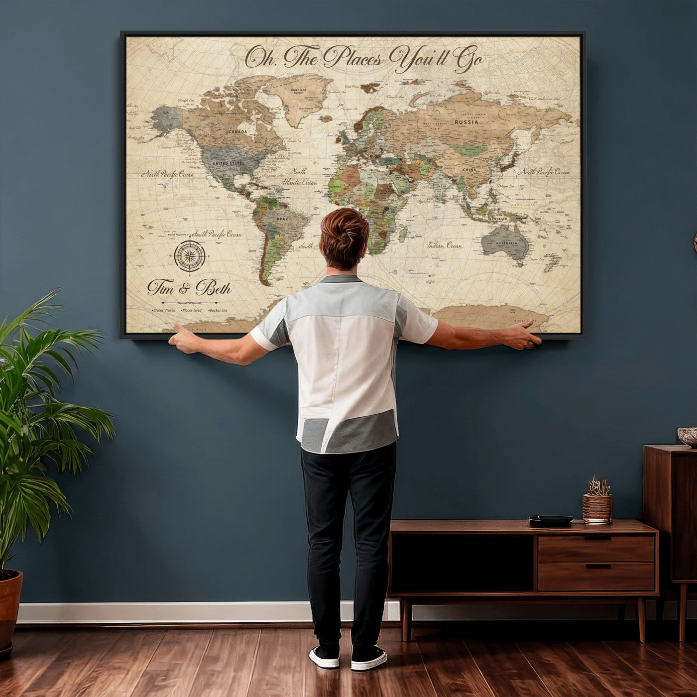 97845003-MGV-FC-36X24 - Personalized Push Pin World Map Wall Art Canvas Print with Pins – Customize Travel Tracker Map for Home and Office Décor