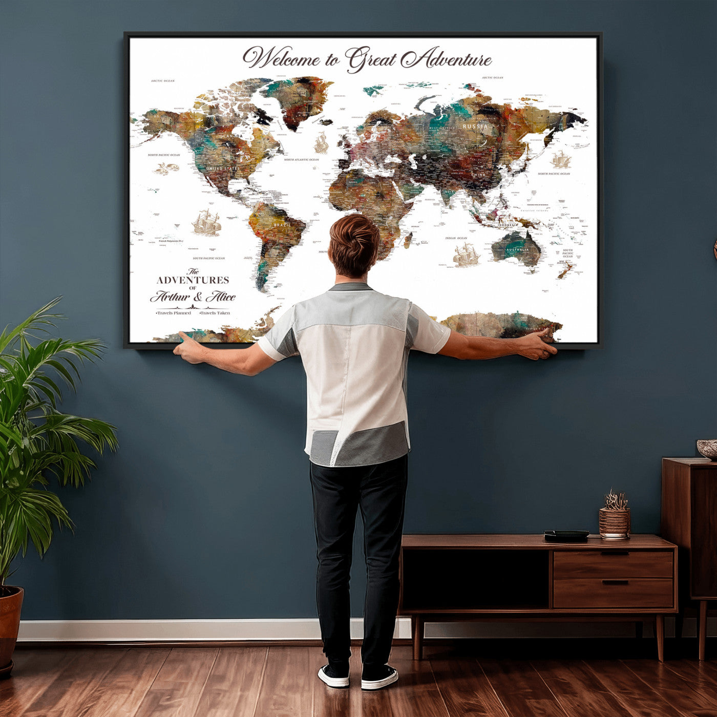 24221896-MGV-FC-36X24 - Personalized Push Pin World Map Wall Art Canvas Print with Pins – Customize Travel Tracker Map for Home and Office Décor