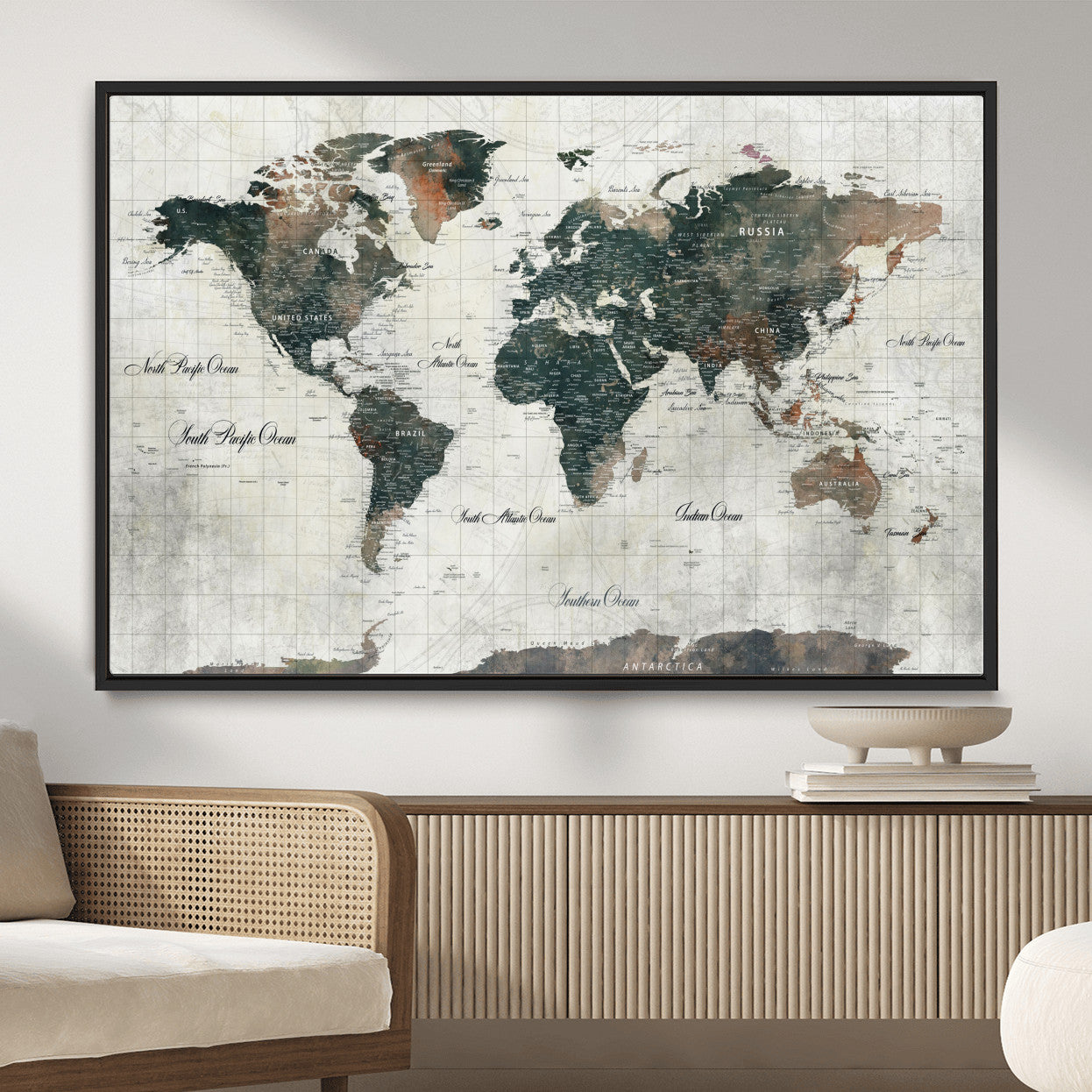 90149079-MGV-FC-36X24 - World Map Wall Art Canvas Print, Modern Decorative Framed Map Artwork Prints for Living Room, Office, Bedroom Wall Decor